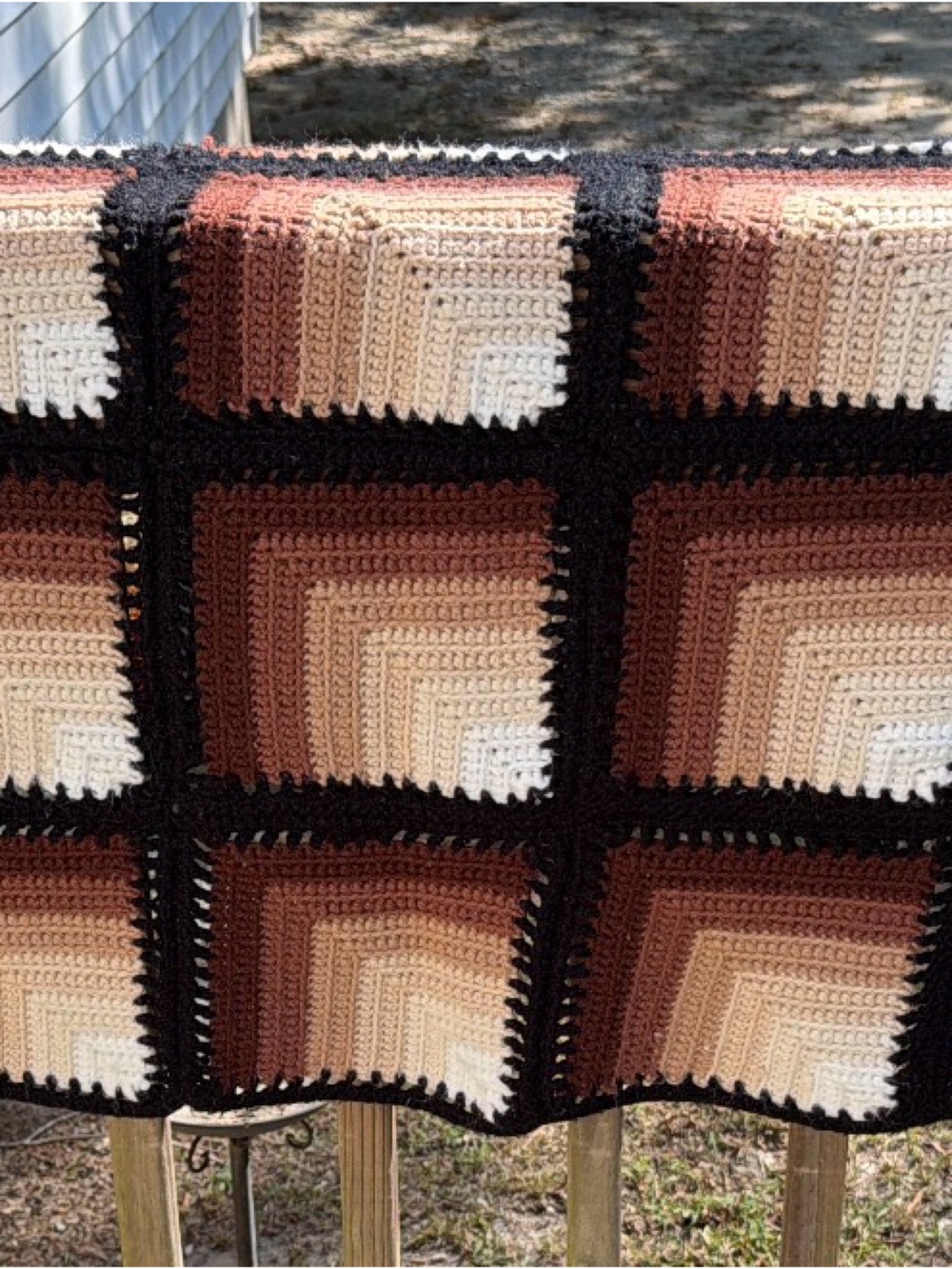 Handmade Crochet Throw Blanket in Brown, Tan & Cream with Black Accents